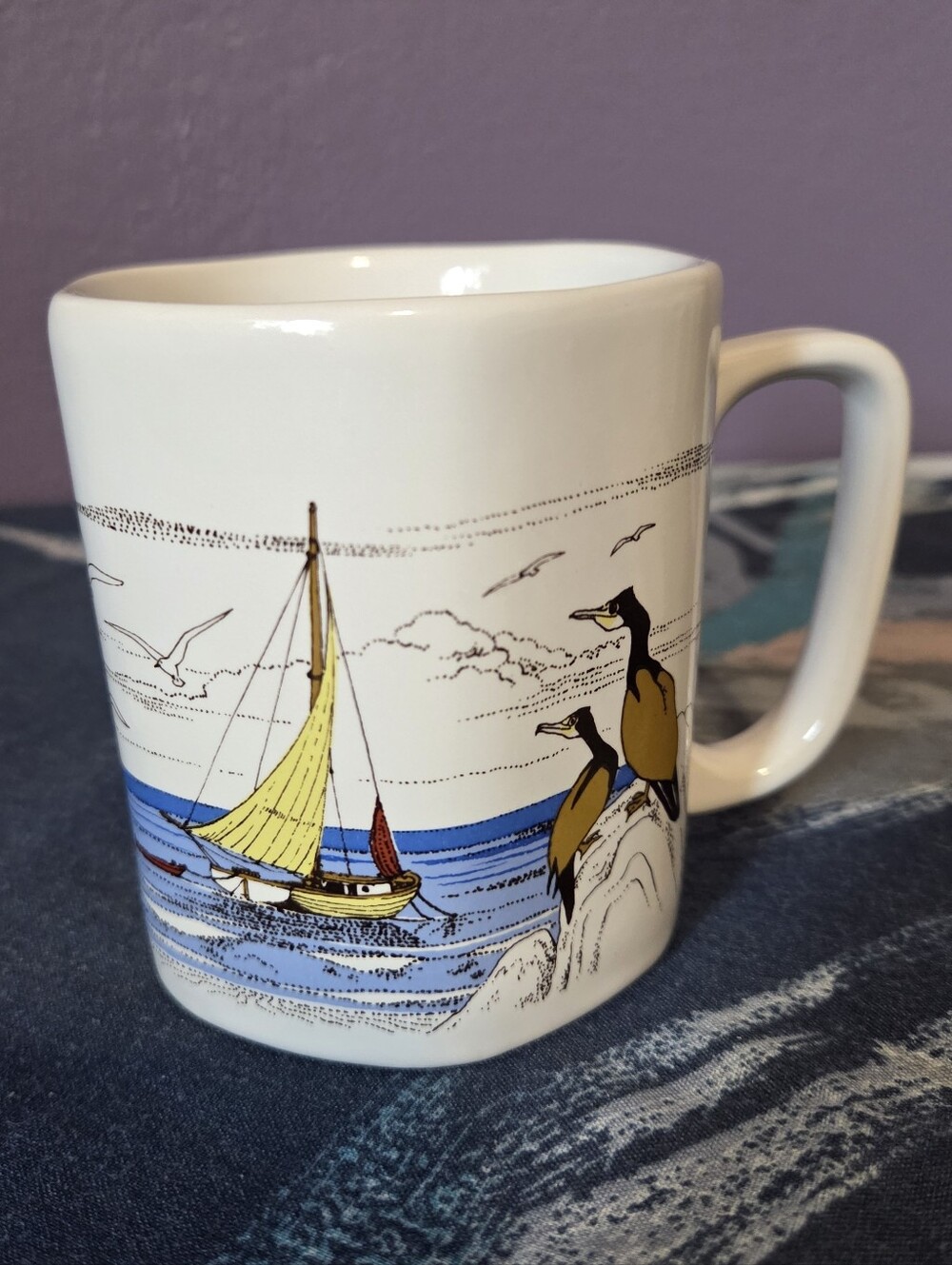 Vtg Nautical Coffee Cup Mug Harbor Sailboat Hexagon Collectible Japan